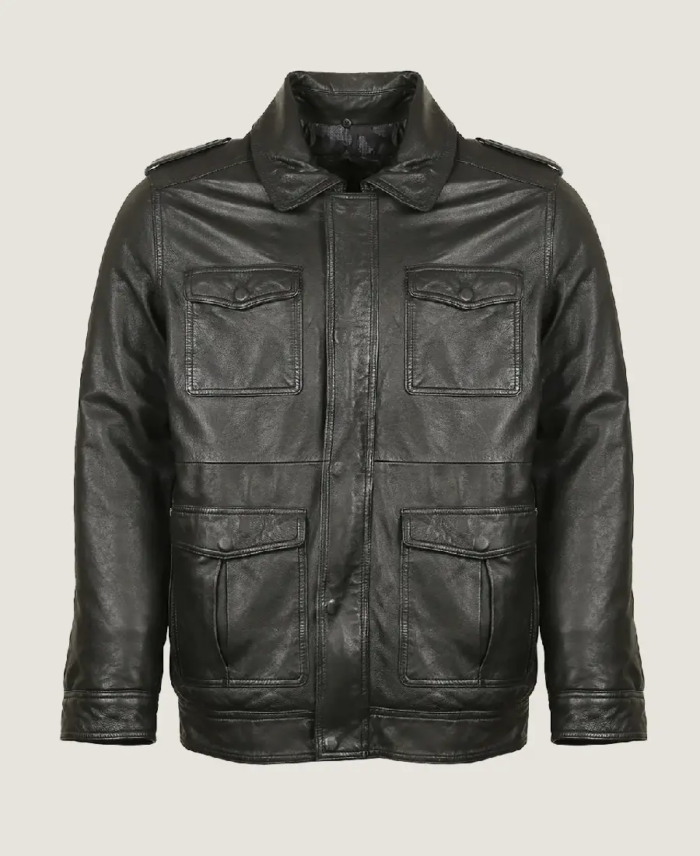 Men Black Pilot Bomber Leather Jacket Front