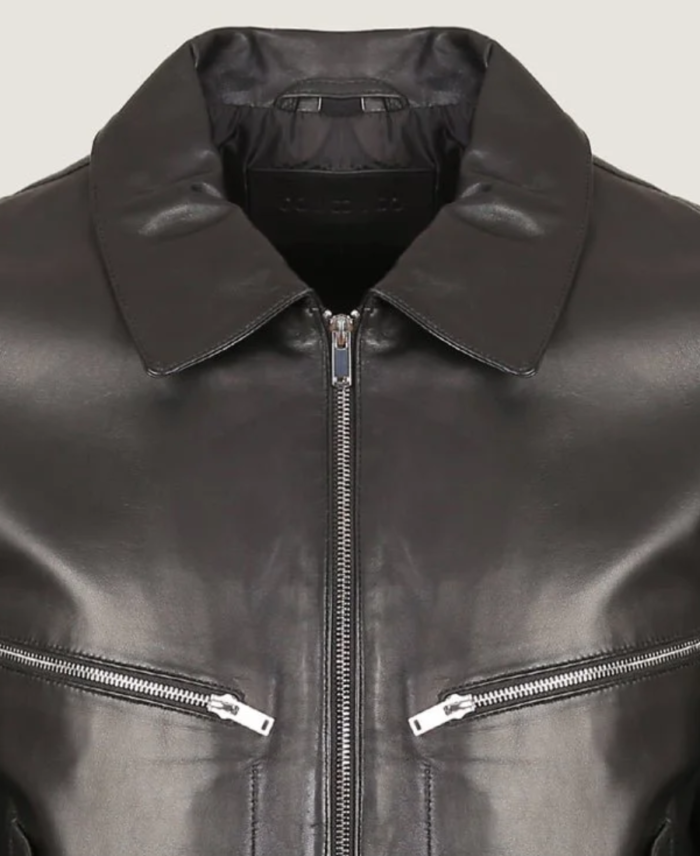 Men Black Pilot Leather Bomber Jacket Collar