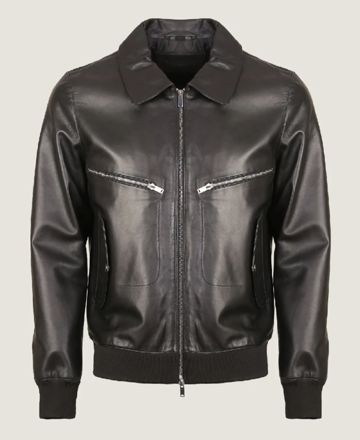 Men Black Pilot Leather Bomber Jacket Front