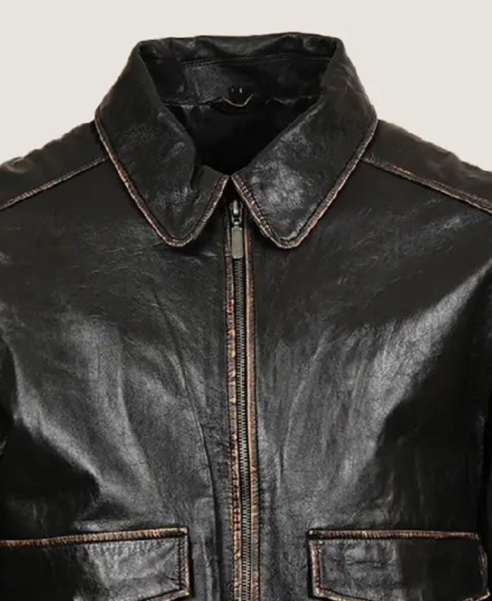 Men Black Sheepskin Leather Bomber Jacket Collar