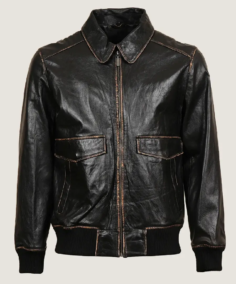 Men Black Sheepskin Leather Bomber Jacket Front