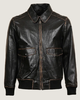 Men Black Sheepskin Leather Bomber Jacket Front