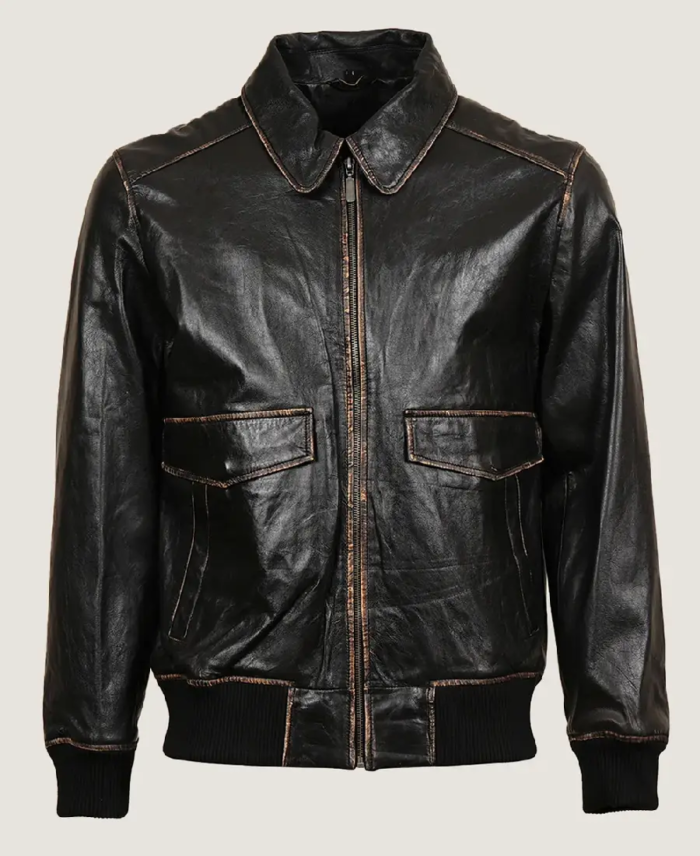 Men Black Sheepskin Leather Bomber Jacket Front