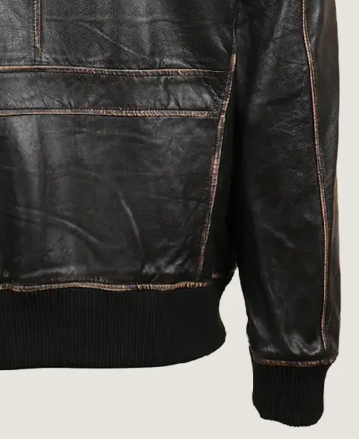 Men Black Sheepskin Leather Bomber Jacket Sleeves