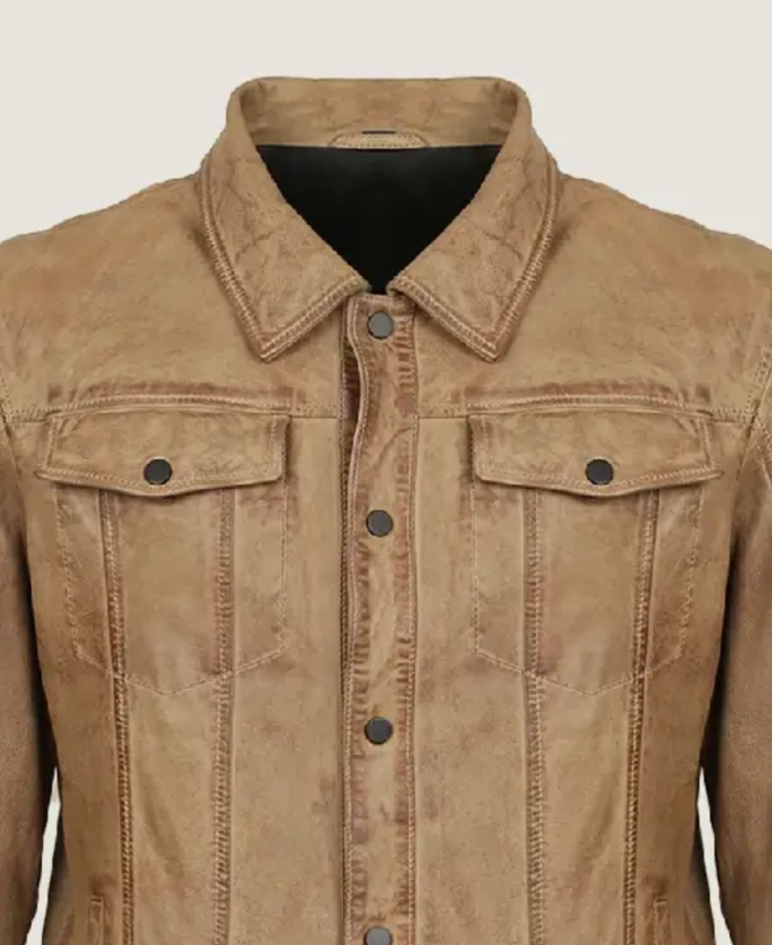 Men Classic Brown Shirt Style Leather Jacket Collar