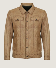 Men Classic Brown Shirt Style Leather Jacket Front