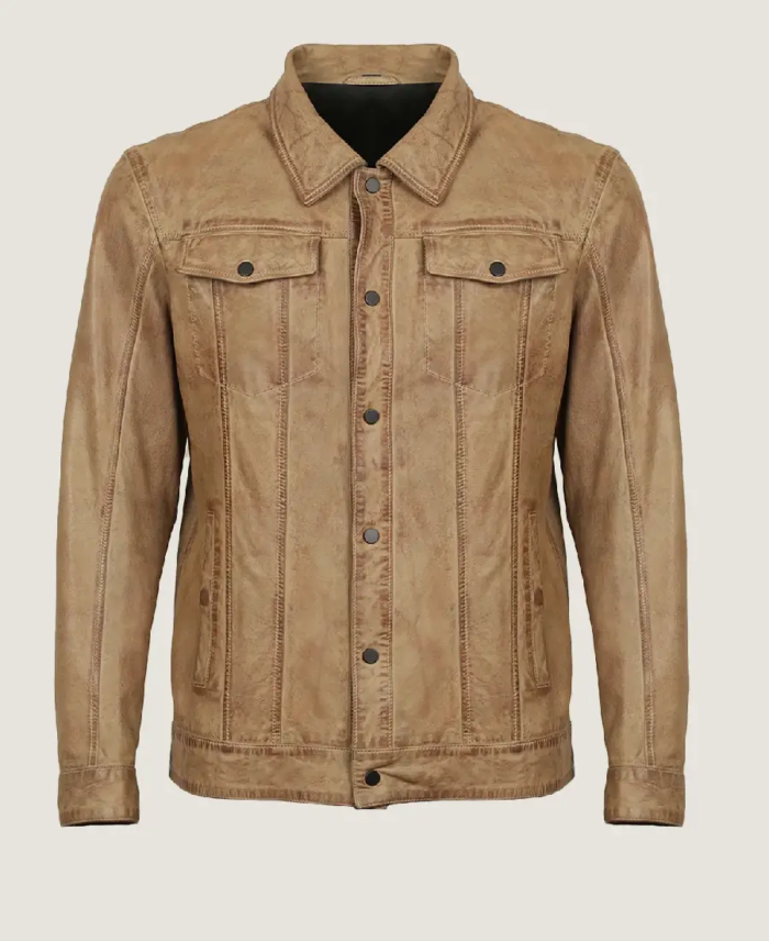 Men Classic Brown Shirt Style Leather Jacket Front