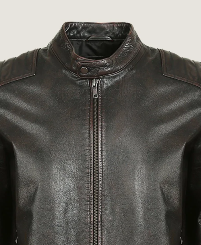 Men Classic Short Neck Collar Black Leather Jacket Collar