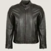 Men Classic Short Neck Collar Black Leather Jacket Front