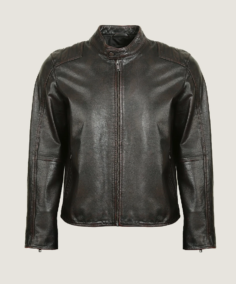 Men Classic Short Neck Collar Black Leather Jacket Front