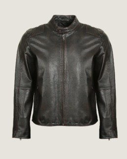 Men Classic Short Neck Collar Black Leather Jacket Front