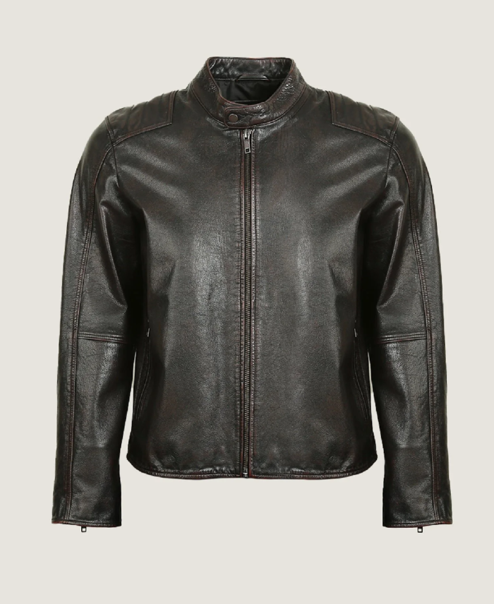 Men Classic Short Neck Collar Black Leather Jacket Front