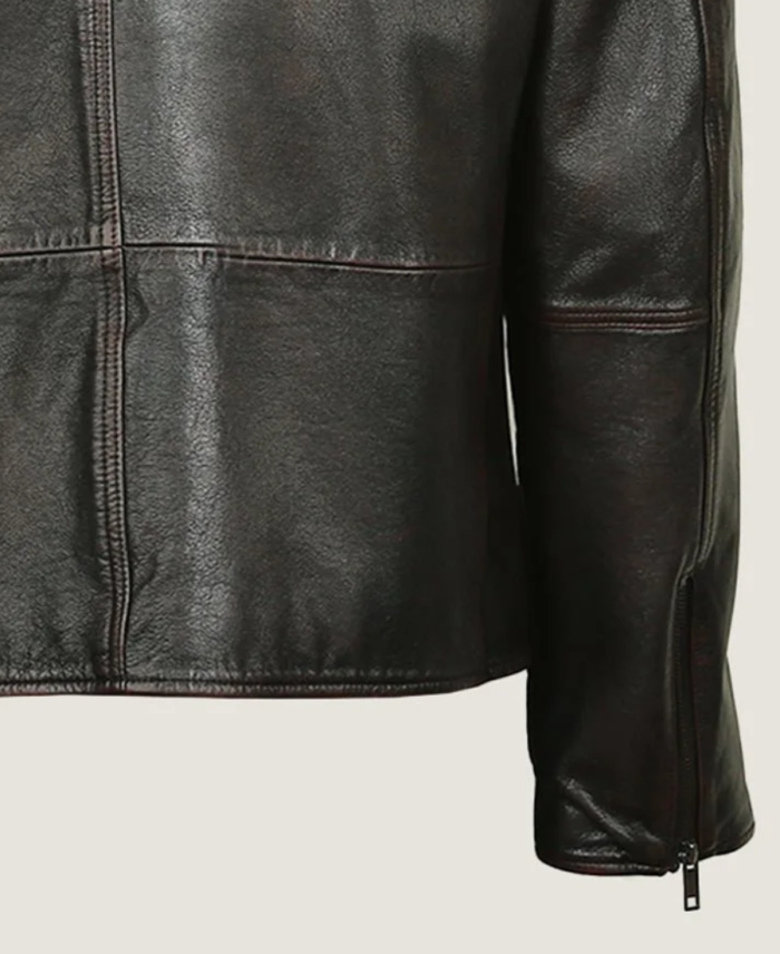Men Classic Short Neck Collar Black Leather Jacket Sleeves