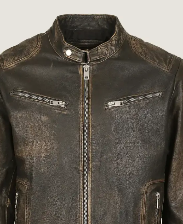 Men Ditressed Brown Cafe Racer Leather Jacket Collar