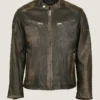 Men Ditressed Brown Cafe Racer Leather Jacket Front