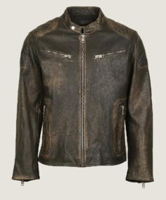 Men Ditressed Brown Cafe Racer Leather Jacket Front