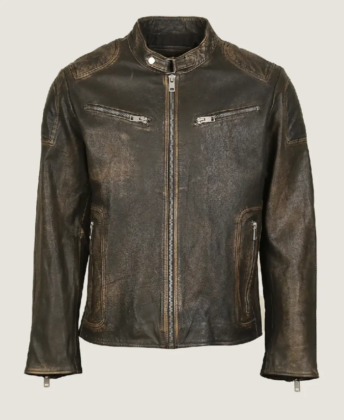 Men Ditressed Brown Cafe Racer Leather Jacket Front