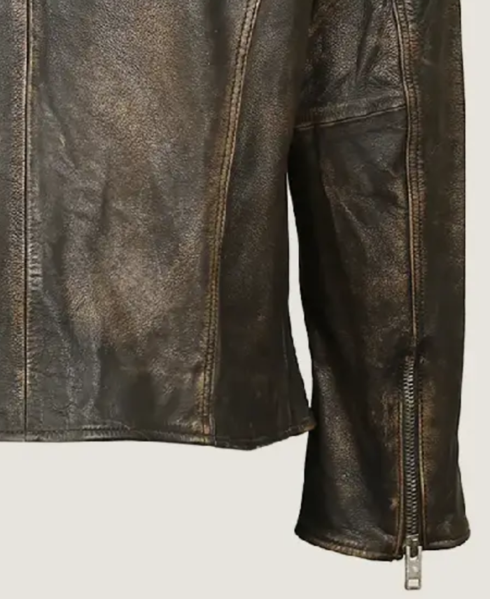 Men Ditressed Brown Cafe Racer Leather Jacket Sleeves