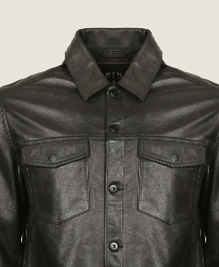 Men Shirt Style Black Leather Jacket Collar