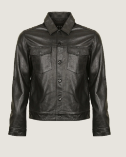Men Shirt Style Black Leather Jacket Front