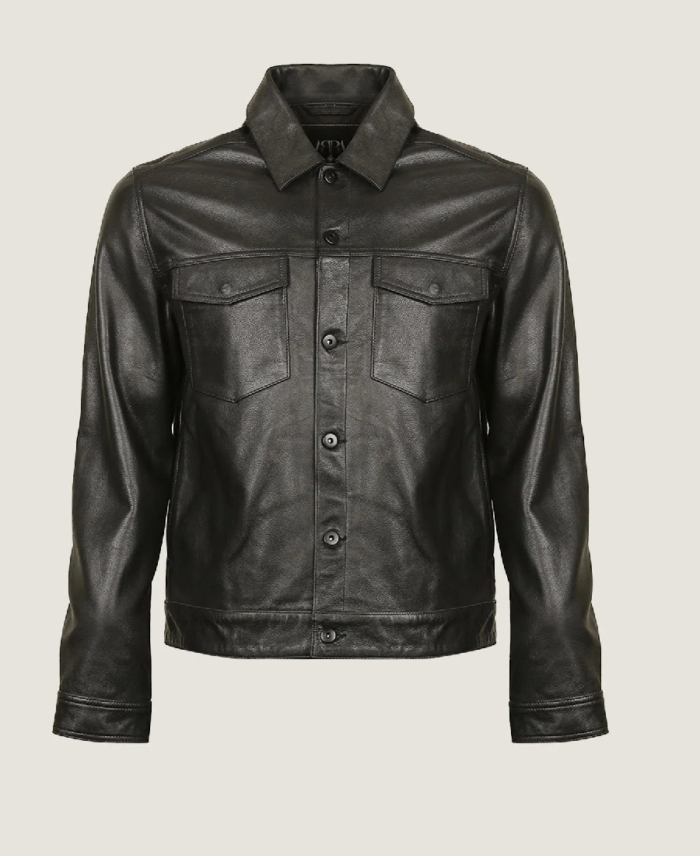 Men Shirt Style Black Leather Jacket Front