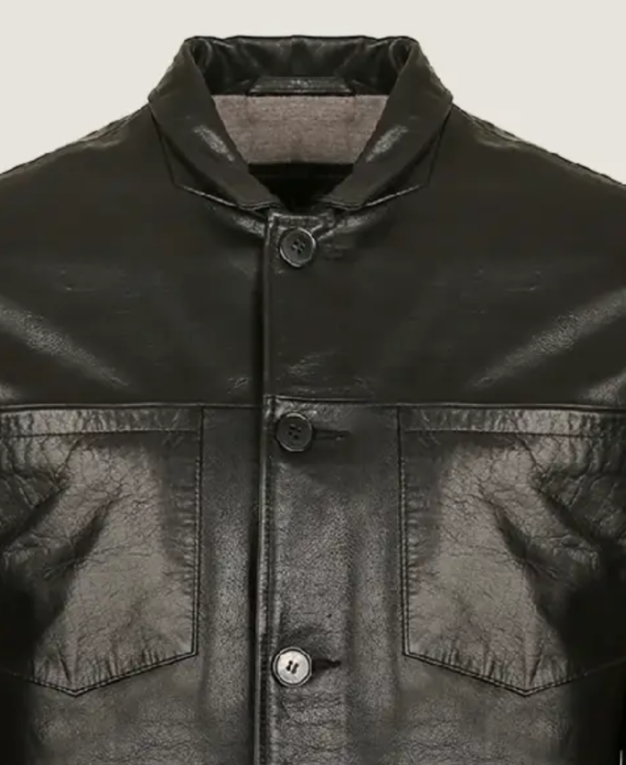 Men Simple Black Classic Leather Jacket Collar