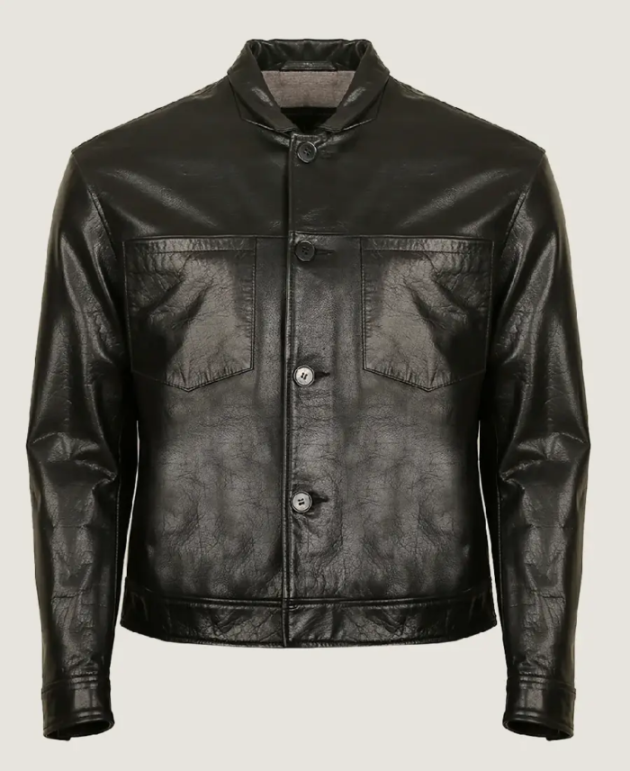 Men Simple Black Classic Leather Jacket Front
