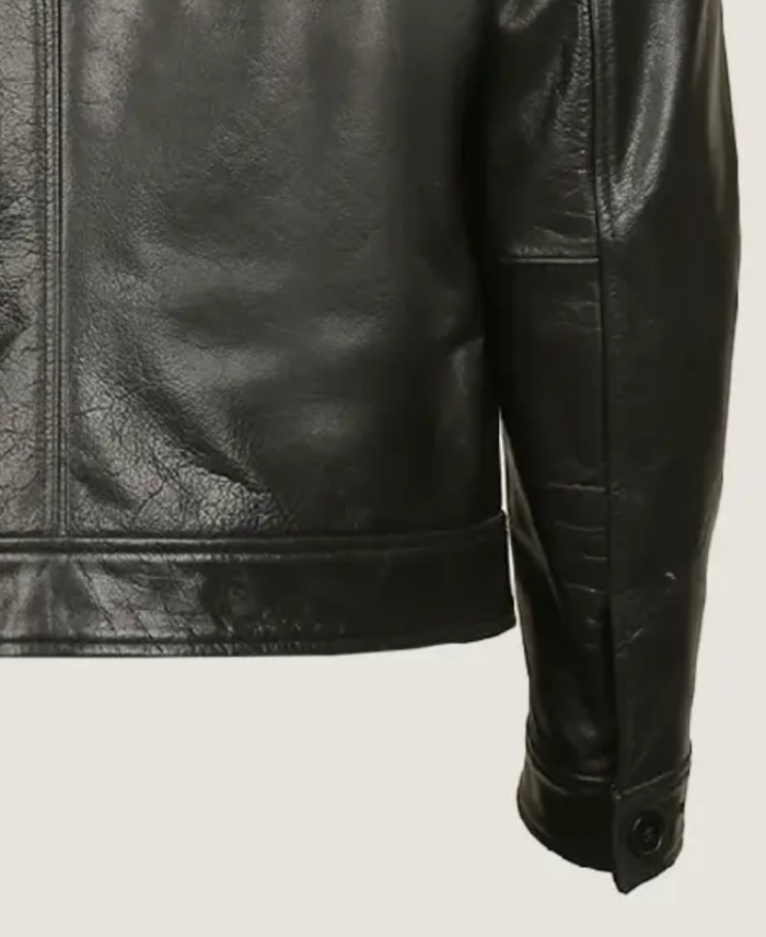 Men Simple Black Classic Leather Jacket Sleeves