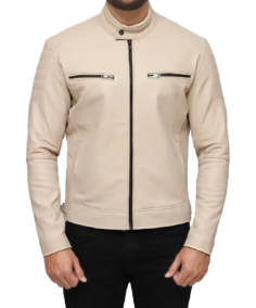 Men’s Beige Motorcycle Real Leather Jacket