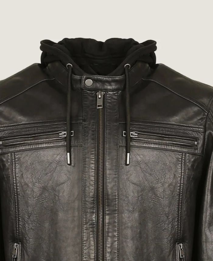 Men’s Black Classic Hooded Leather Jacket Collar