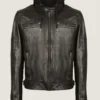 Men’s Black Classic Hooded Leather Jacket Front