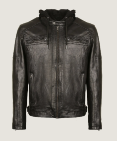 Men’s Black Classic Hooded Leather Jacket Front