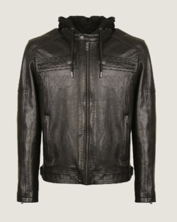 Men’s Black Classic Hooded Leather Jacket Front