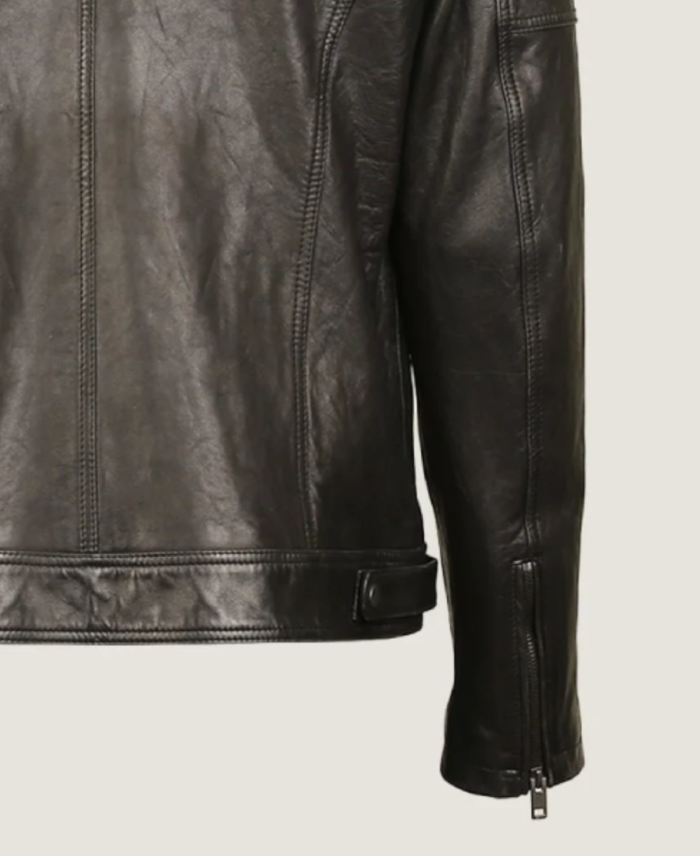 Men’s Black Classic Hooded Leather Jacket Sleeves