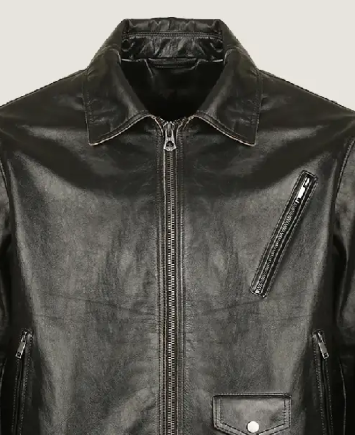 Men’s Black Classic Oversized Leather Jacket Collar