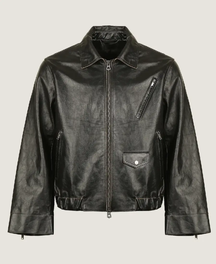 Men’s Black Classic Oversized Leather Jacket Front