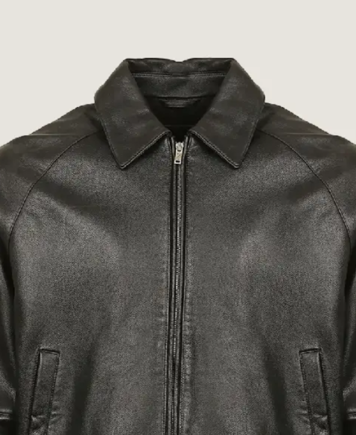 Men’s Black Classic Shirt Style Leather Jacket Collar