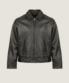 Men’s Black Classic Shirt Style Leather Jacket Front