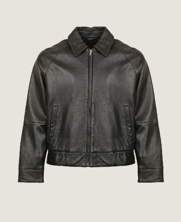Men’s Black Classic Shirt Style Leather Jacket Front