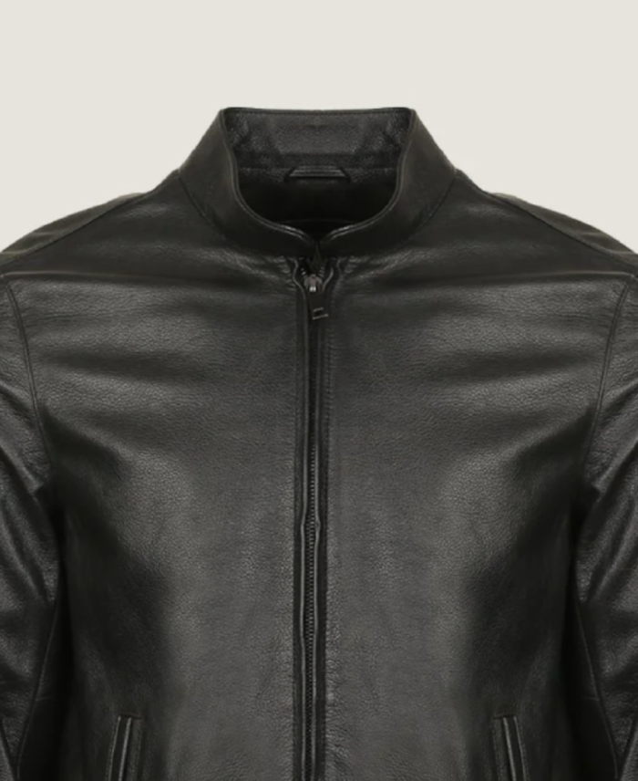 Men’s Black Classy Bomber Leather Jacket Collar