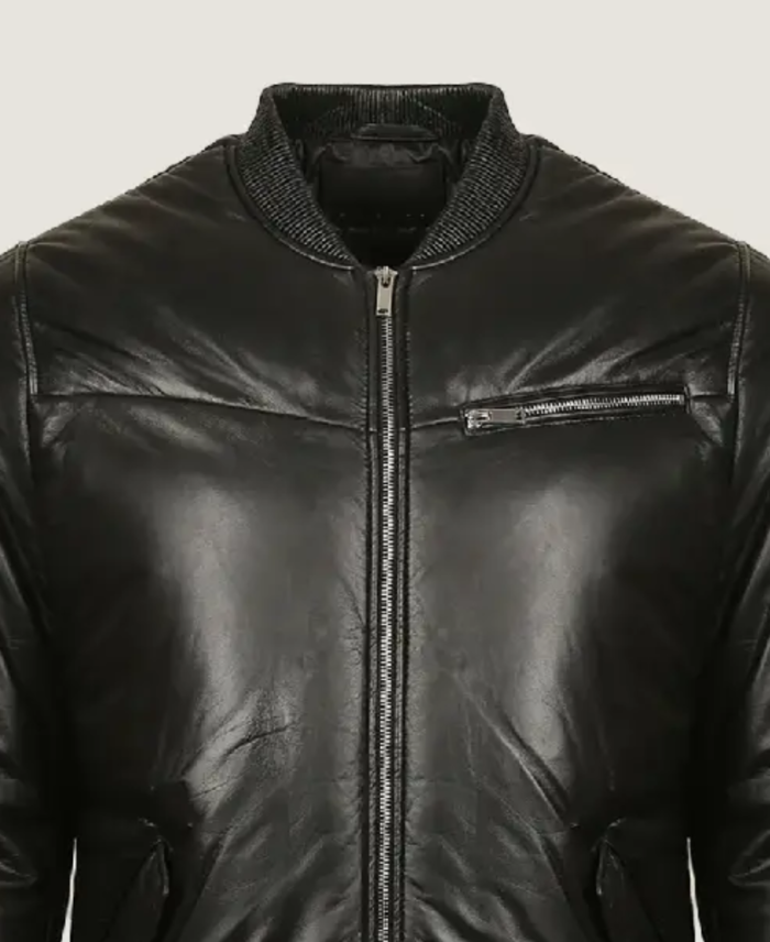 Men’s Black Quilted Leather Jacket Collar