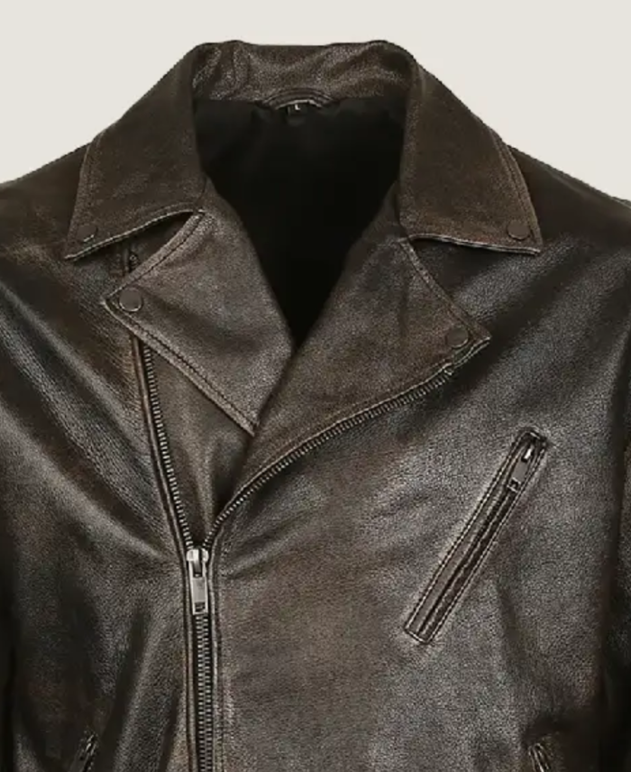 Men’s Black Simple Biker Leather Jacket Collar