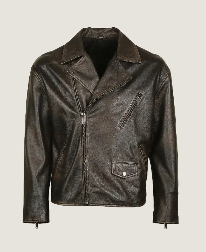 Men’s Black Simple Biker Leather Jacket Front