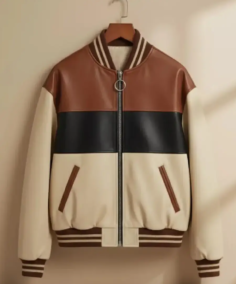 Men’s Brown and White Cowhide Leather Jacket Front