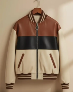 Men’s Brown and White Cowhide Leather Jacket Front
