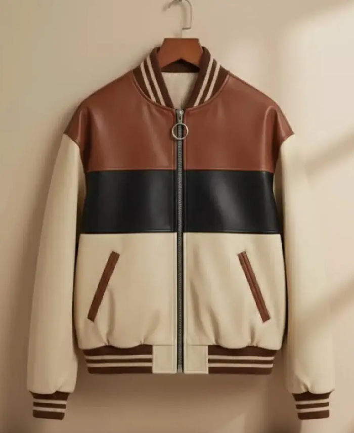 Men’s Brown and White Cowhide Leather Jacket Front