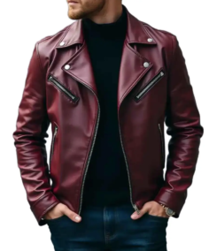 Men's Burgundy Cowhide Leather Moto Jacket