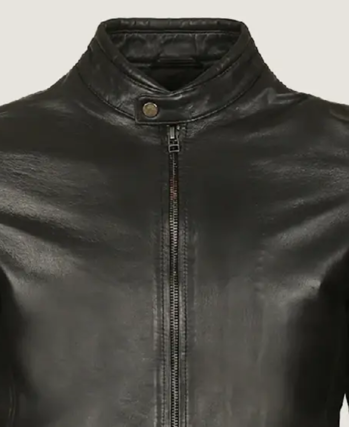 Men's Classic Black Fitted Leather Jacket Collar