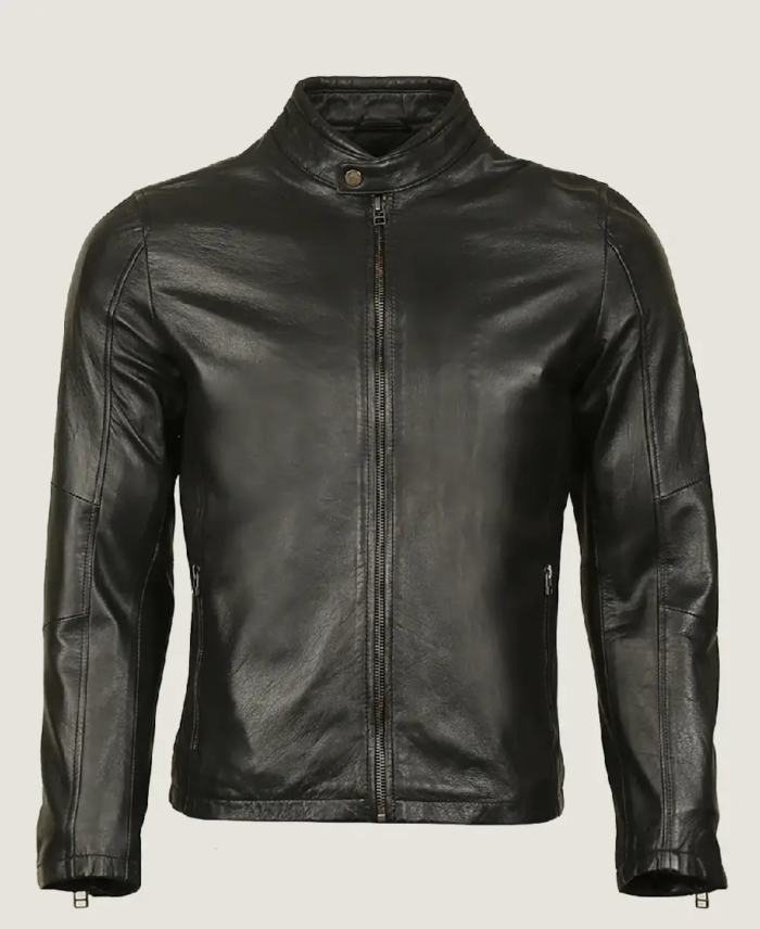 Men's Classic Black Fitted Leather Jacket Front