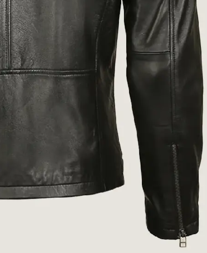 Men's Classic Black Fitted Leather Jacket Sleeves